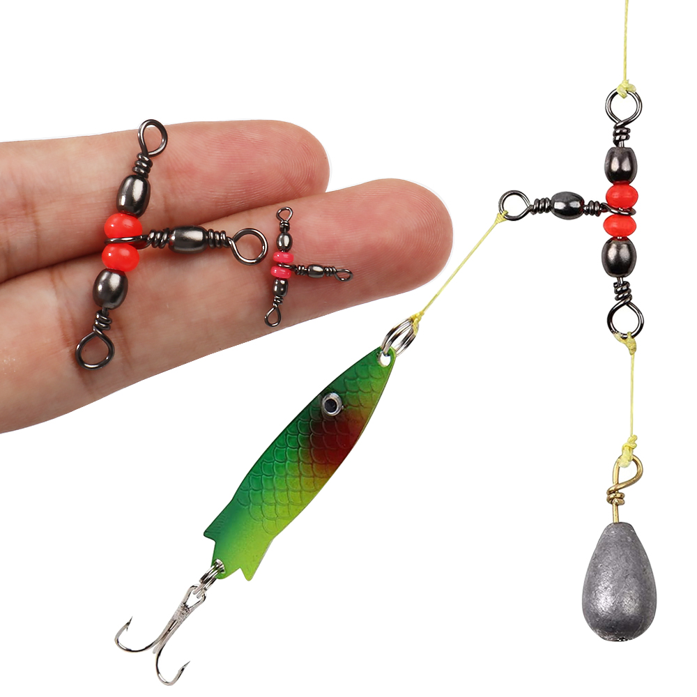 Saltwater Line - トリプルバレルTスイベル釣り用コネクター3ウェイクロスラインスイベルレッドビーズローリングスイベル海水釣り道具アクセサリー